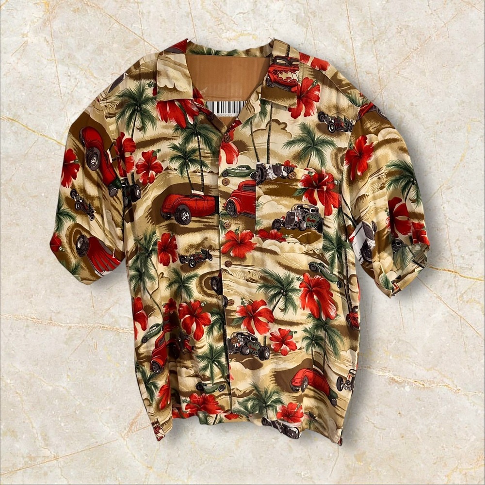 Vintage Island Collection Men Button Up Shirt Brown Hawaiian Classic Car 90s Med